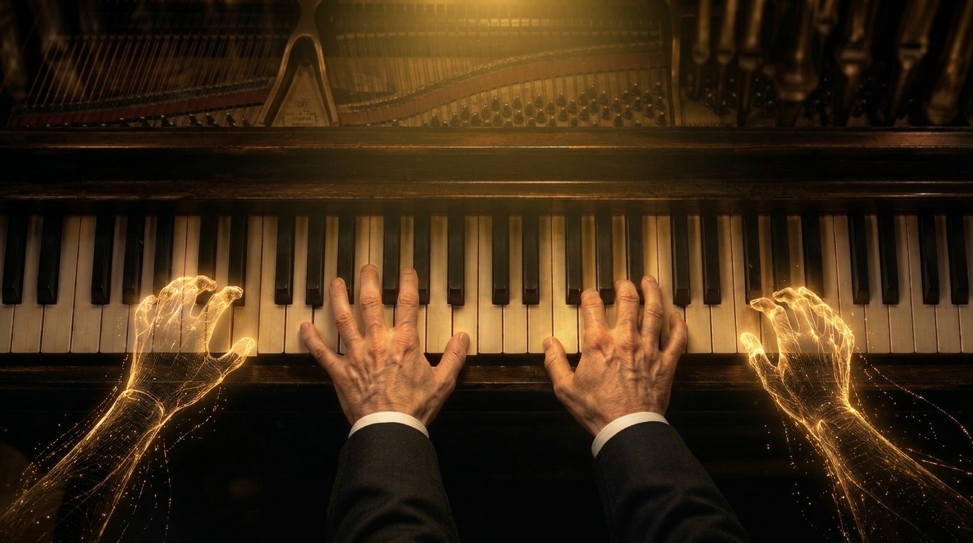 Zwei menschliche Hände spielen in der Mitte einer Klaviatur, links und rechts begleitet von zwei Händen aus goldenen Lichtlinien.